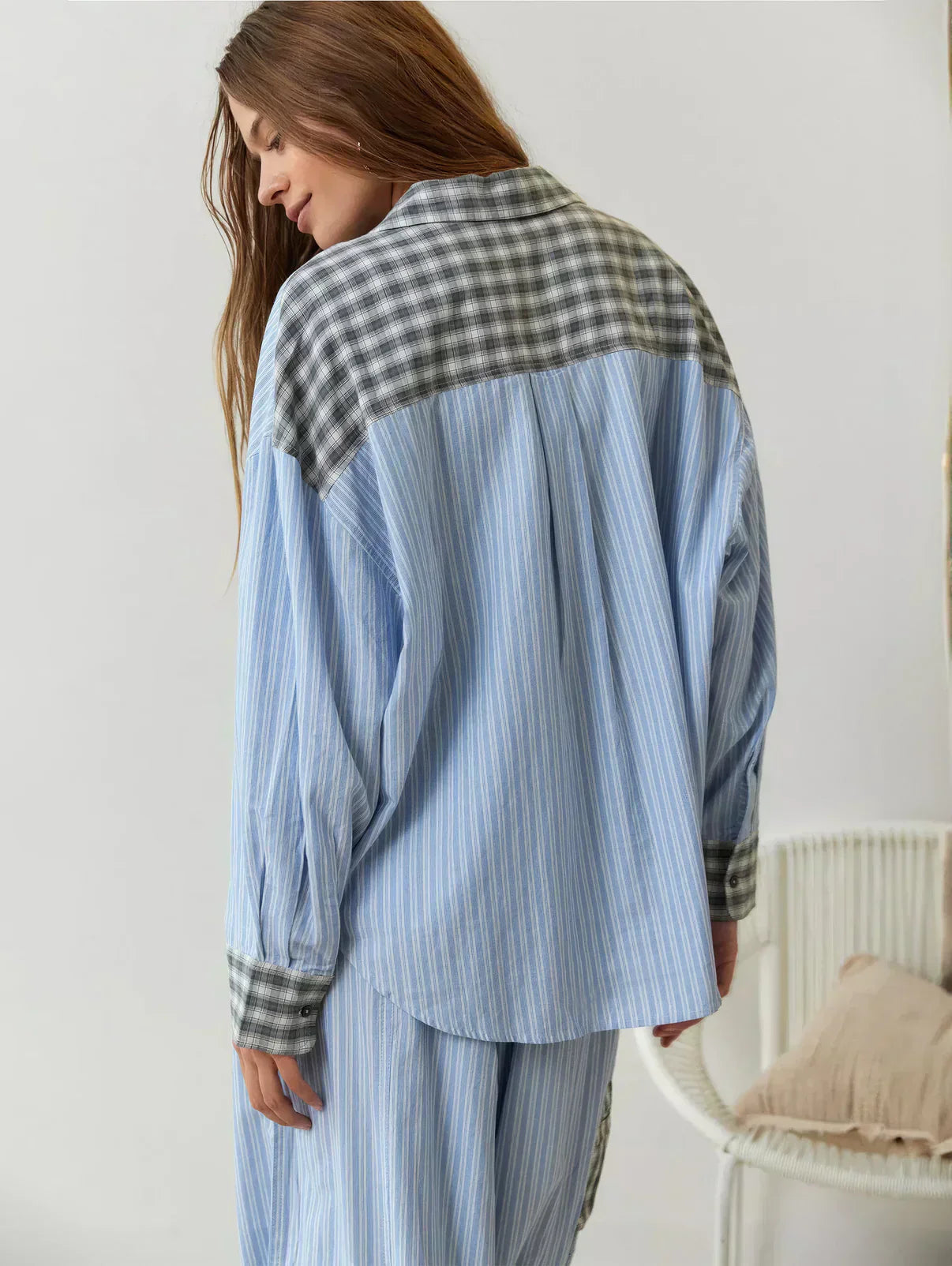 Women's spring plaid two-piece set by Lumina Wear featuring a stylish coordinated top and skirt in a vibrant spring pattern.