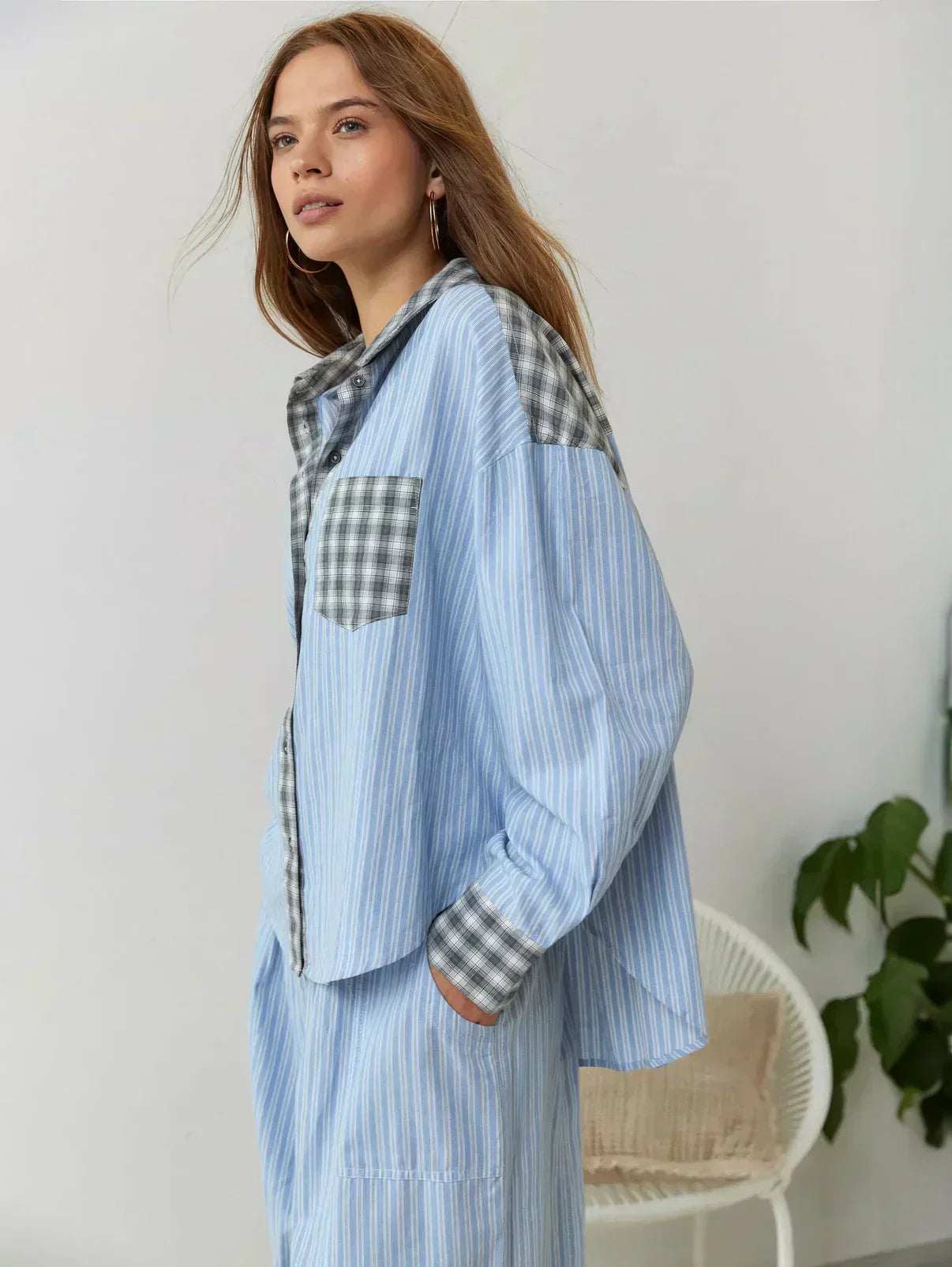 Women’s spring plaid two-piece set by Lumina Wear featuring a coordinated top and skirt in light, stylish fabric.