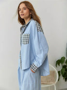 Women’s spring plaid two-piece set by Lumina Wear featuring a coordinated top and skirt in light, stylish fabric.