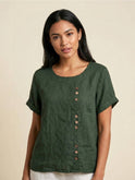 Lumina Wear Grace relaxed linen blouse with button detail, featuring a stylish and comfortable design perfect for casual wear.