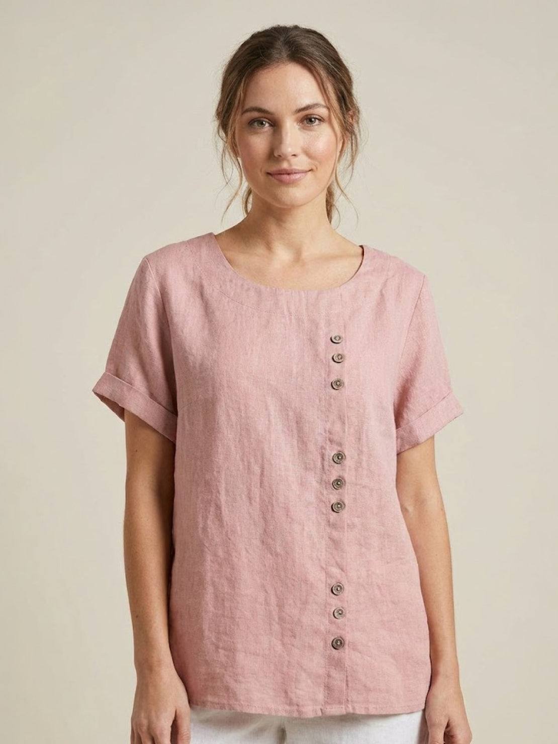 Lumina Wear Grace relaxed linen blouse featuring button details, draped fit, and casual style, perfect for everyday wear.