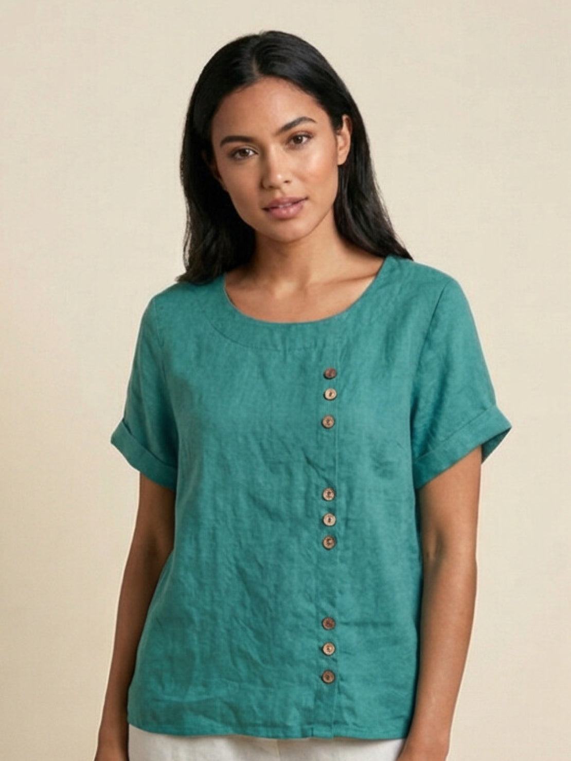 Light beige Lumina Wear Grace relaxed linen blouse with button details, featuring a loose fit and casual style.