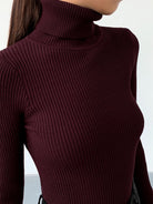 Lumina Wear Hailey sleek minimalist turtleneck top for winter, shown in close-up with smooth fabric and elegant design.