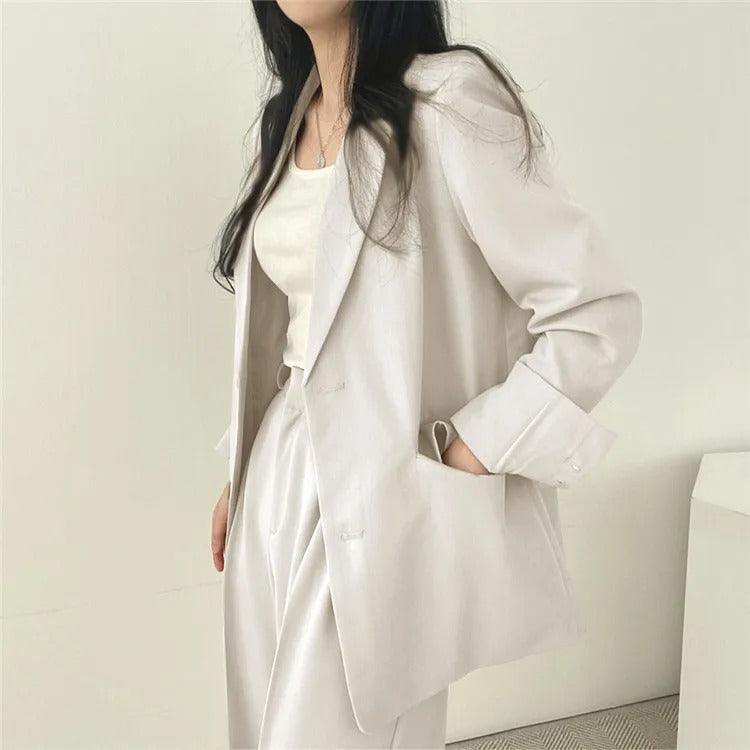 Lumina Wear Hailey tailored blazer and high-waisted trousers suit set, stylish professional outfit for women.