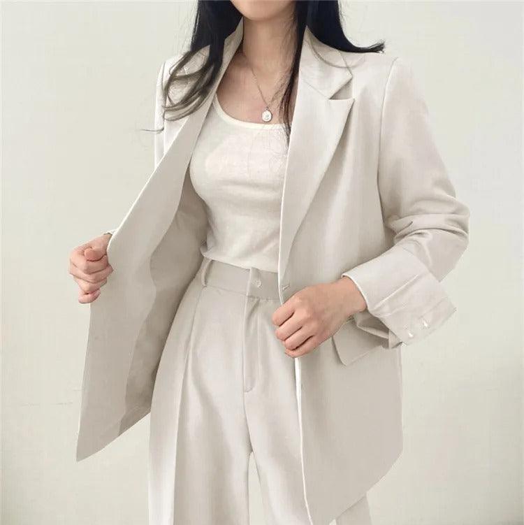 Lumina Wear Hailey tailored blazer and high-waisted trousers suit set, elegant women's formal business attire.