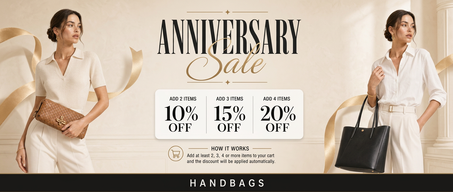 Promotional banner for an anniversary sale on handbags with discounts and a woman holding a handbag.