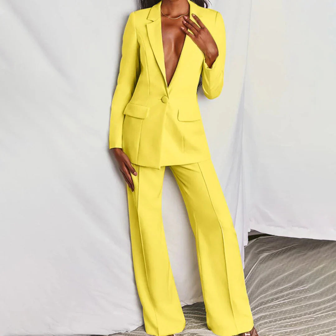 Lumina Wear Harper bold structured longline blazer with matching wide-leg pants, tailored women's trouser suit on model.