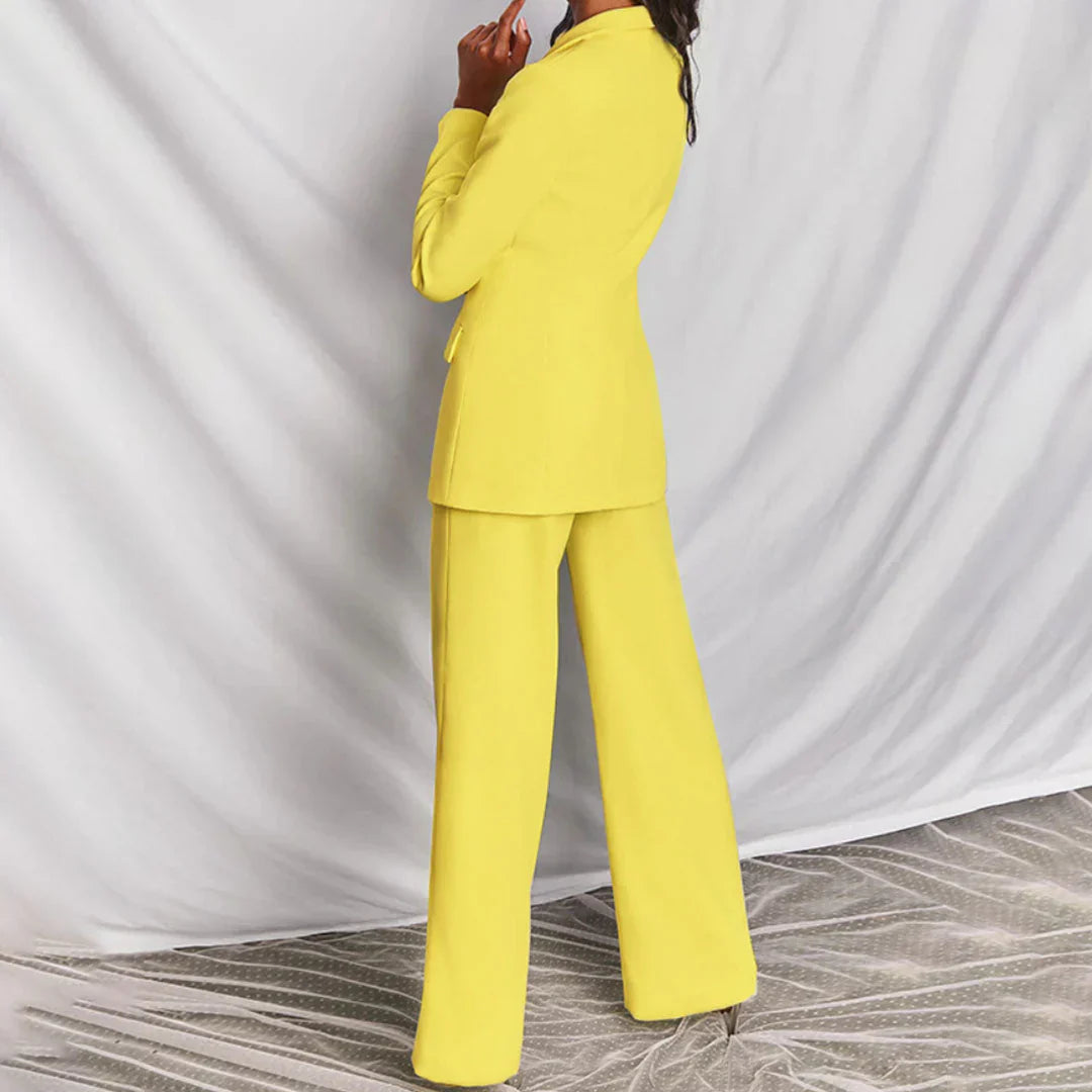 Lumina Wear Harper women's longline blazer and wide-leg pantsuit with bold, structured design and tailored fit.