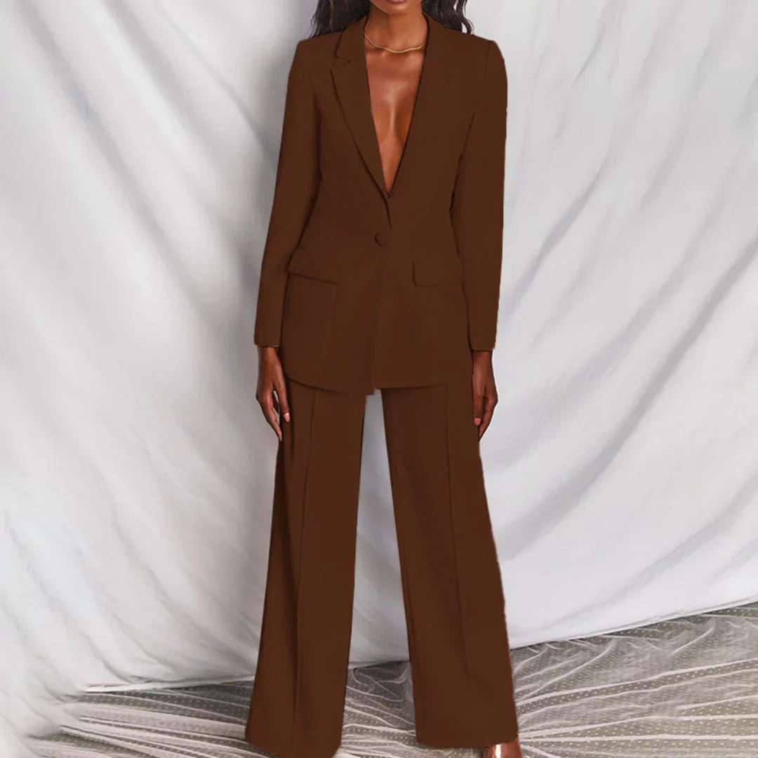 Lumina Wear women's Harper bold structured longline blazer with wide-leg pantsuit, tailored fit and sophisticated style.