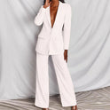 Lumina Wear Harper bold structured longline blazer with wide-leg pantsuit, tailored fit and modern style, shown on a model.