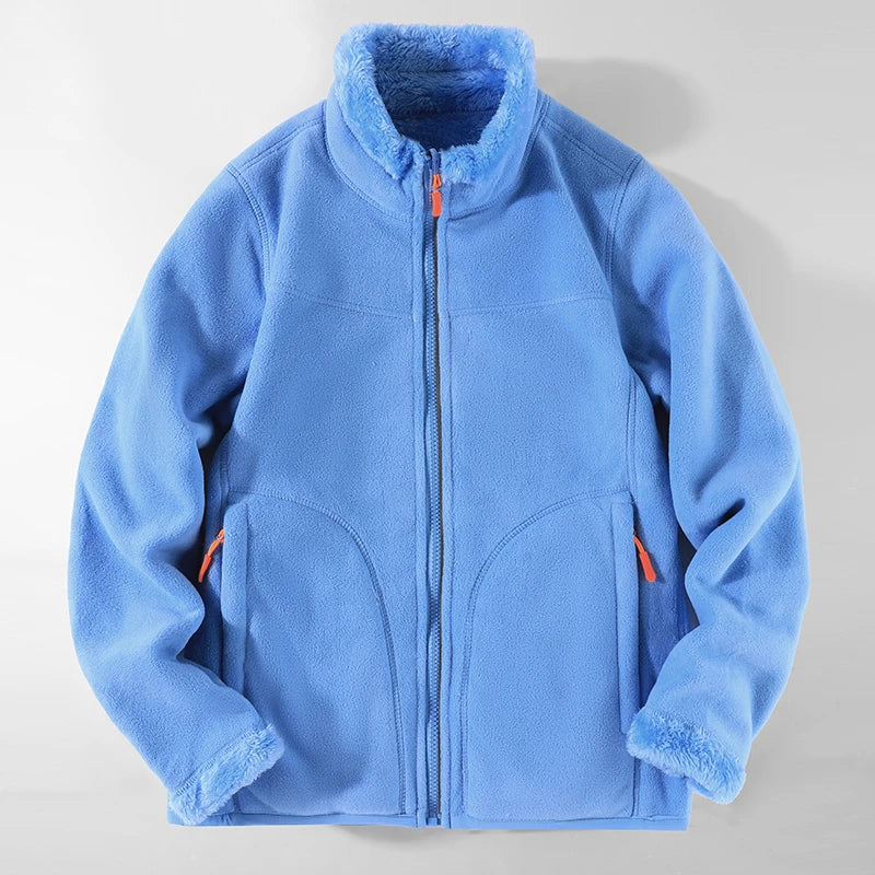 Lumina Wear men's fleece jacket with plush warmth and standing collar, featuring a cozy, stylish design in a close-up view.
