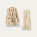 Hazel Lumina Wear women's suit featuring an elegant belted blazer and wide-leg trousers, stylish and sophisticated clothing set.