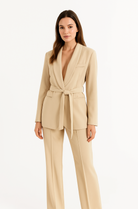 Hazel women's belted blazer and wide-leg trousers set by Lumina Wear, featuring an elegant tailored blazer and matching trousers.