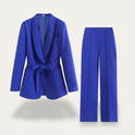Hazel women's suit set featuring an elegant belted blazer and wide-leg trousers by Lumina Wear, styled for a sophisticated look.