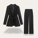 Hazel Lumina Wear women's suit featuring a belted blazer and wide-leg trousers in a stylish, elegant design.
