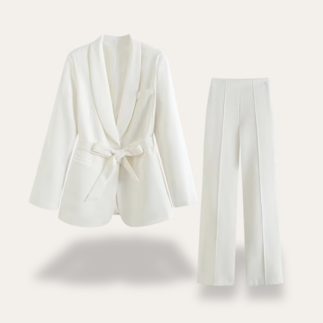 Women's Hazel blazer and wide-leg trousers set by Lumina Wear, featuring a belted blazer and tailored trousers for a sophisticated look.