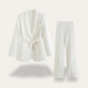 Hazel women's suit by Lumina Wear featuring an elegant belted blazer and wide-leg trousers, stylish and tailored for sophisticated looks.