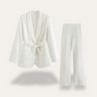 Women's Hazel blazer and wide-leg trousers set by Lumina Wear, featuring a belted blazer and tailored trousers for a sophisticated look.