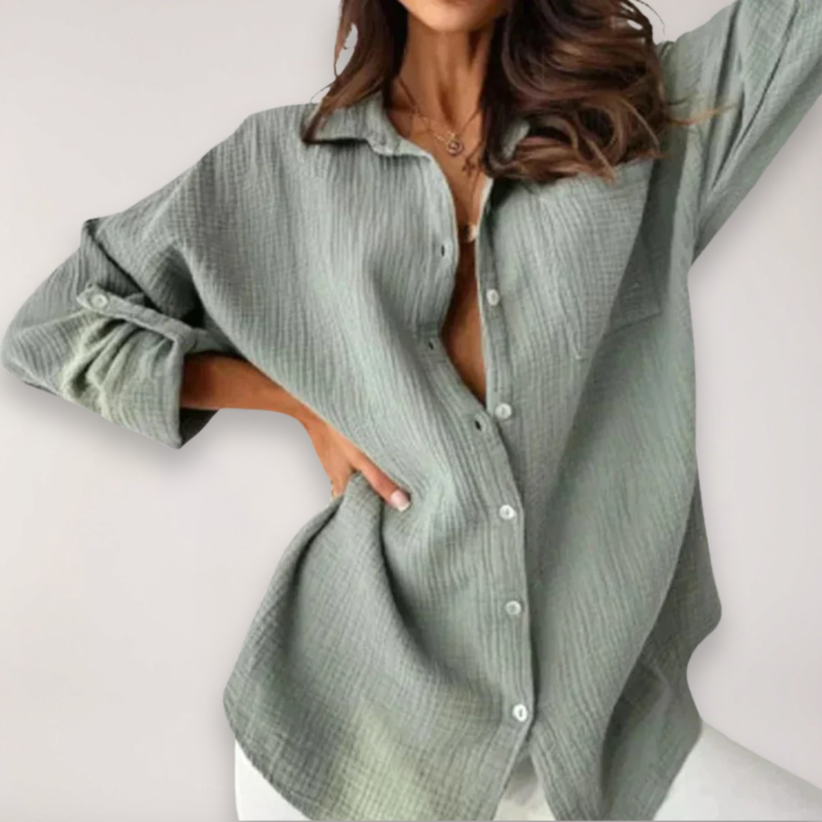 Lumina Wear Hazel relaxed button front casual shirt with roll-up sleeves, lightweight fabric, and classic collar for a laid-back style.
