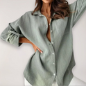 Light blue Lumina Wear Hazel relaxed button-front blouse with roll-up sleeves, casual style and comfortable fit.