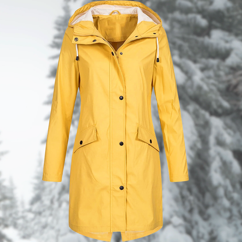 Lumina Wear Isabella adjustable hood raincoat with snap buttons and streamlined fit, designed for stylish protection from the rain.