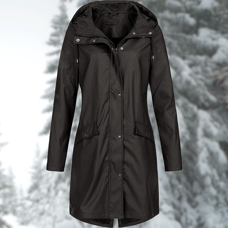 Lumina Wear Isabella adjustable hood raincoat with snap buttons and streamlined fit, perfect for rainy weather.