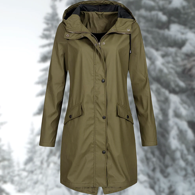 Lumina Wear Isabella adjustable hood raincoat with snap buttons, streamlined fit, perfect for rainy weather.