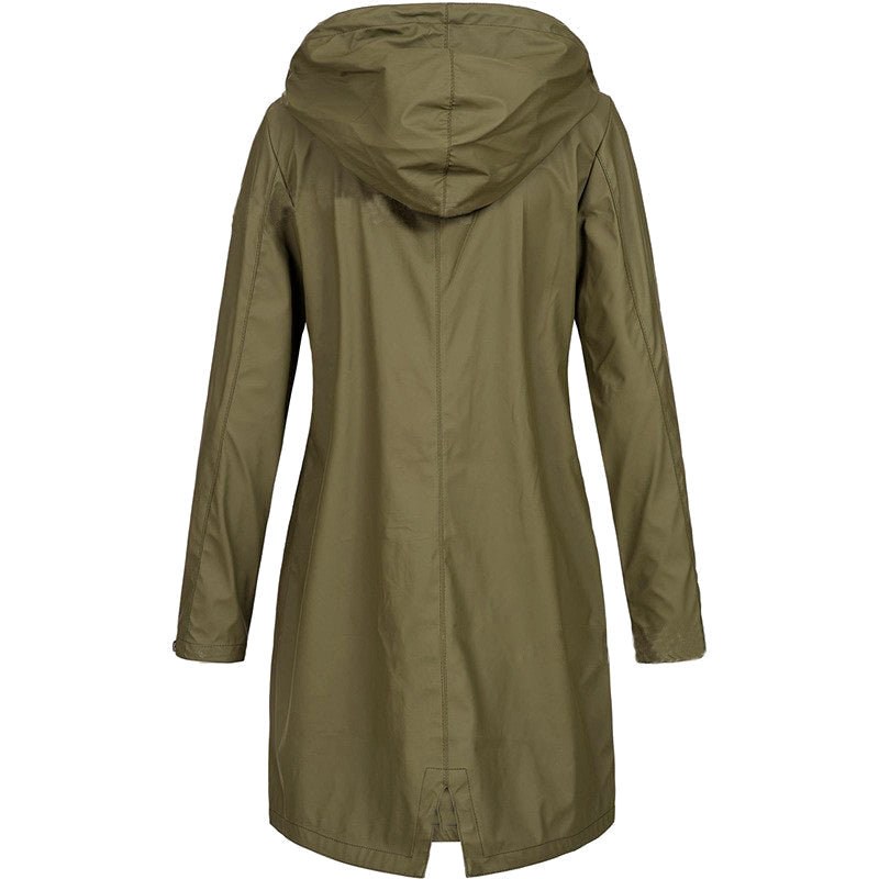 Lumina Wear Isabella raincoat with adjustable hood, snap buttons, and streamlined fit, perfect for rainy weather.