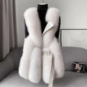 Isabella Lumina Wear belted faux fur vest with leather trim, showcasing a sleek silhouette and stylish design.