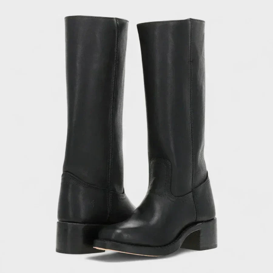 Black leather knee-high orthopedic boots for women with retro style, featuring a classic design by Lumina Wear.