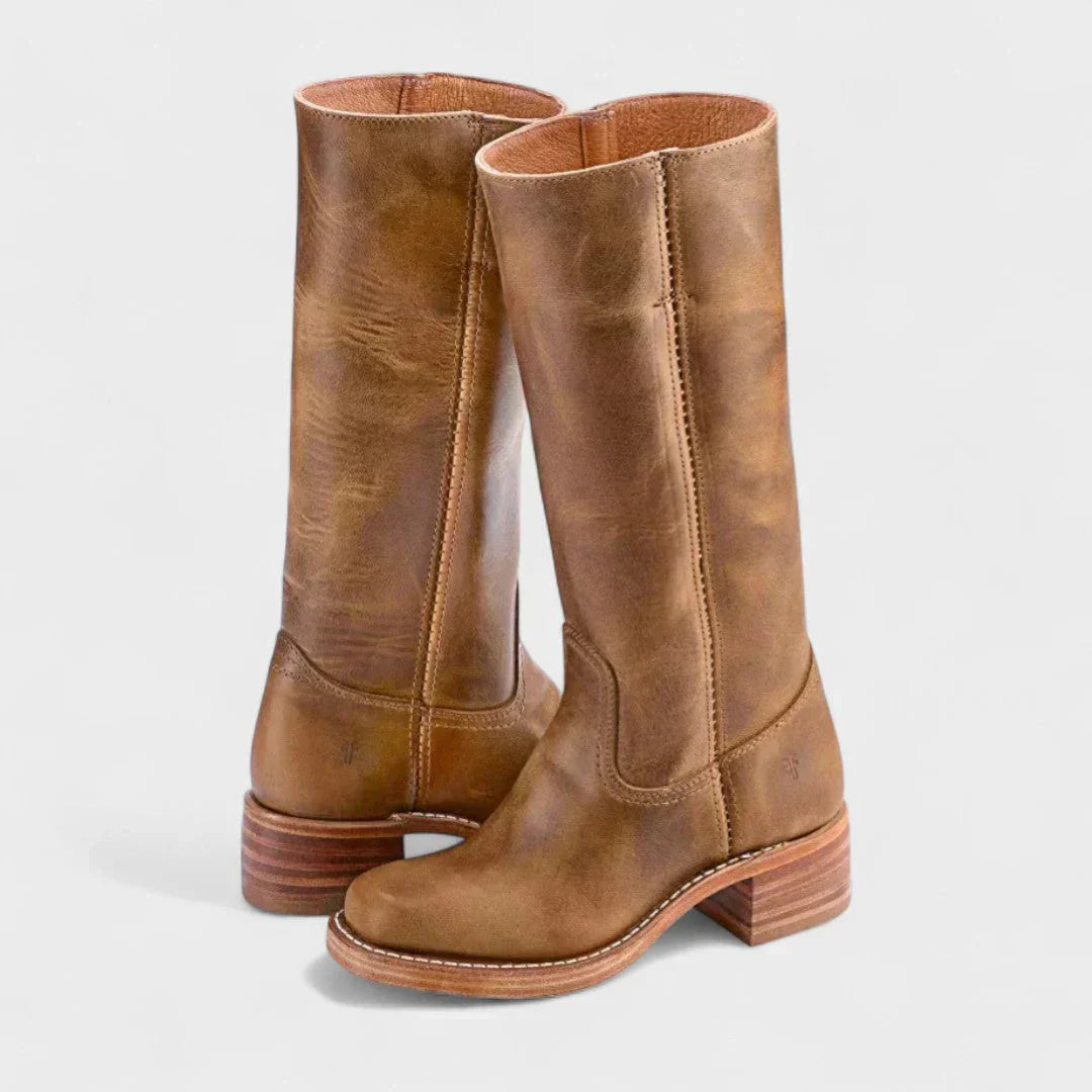 Black leather knee-high orthopedic boots with retro style from Lumina Wear, featuring a sleek design and sturdy heel.