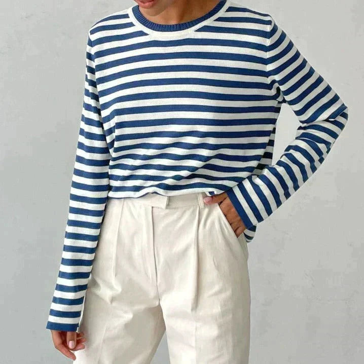 Lumina Wear Isabella bold striped relaxed fit sweater with ribbed neckline, displayed on a mannequin.