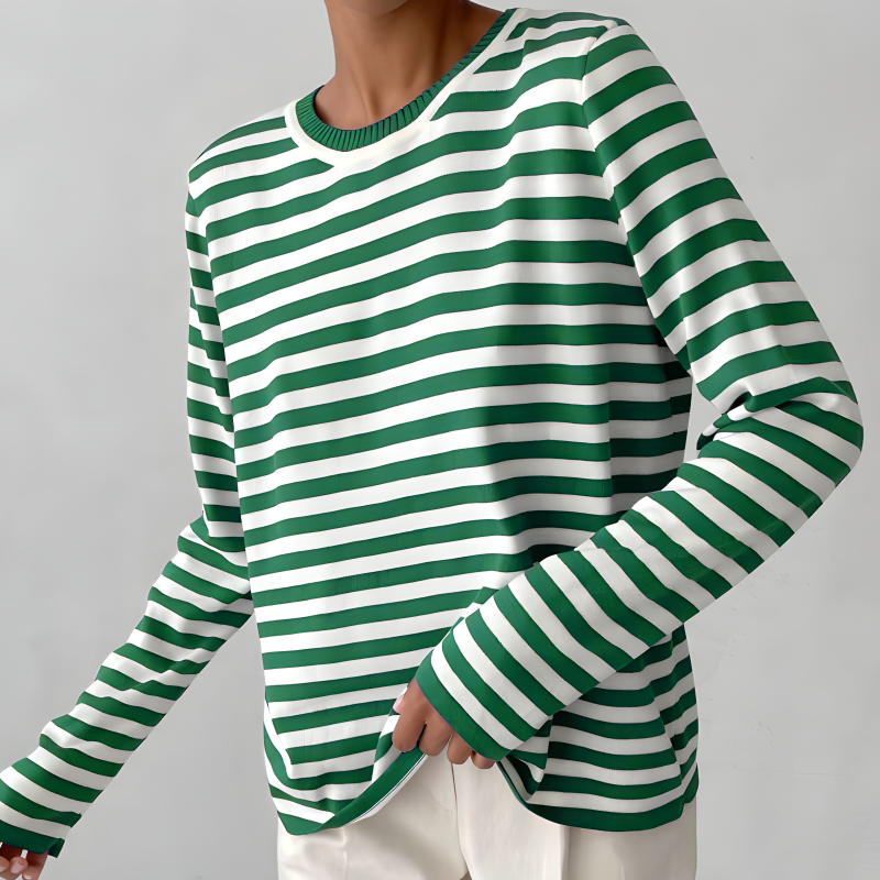 Lumina Wear Isabella bold striped relaxed fit sweater with ribbed neckline, shown in a casual, comfortable style.