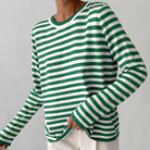 Lumina Wear Isabella bold striped relaxed fit sweater with ribbed neckline, showcasing blue, white, and black horizontal stripes.