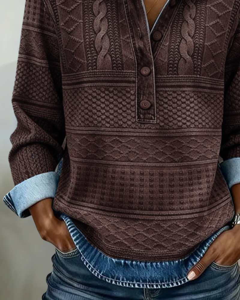 Lumina Wear Isabella cable knit relaxed fit polo sweatshirt with contrast details, casual knit sweater for comfort and style.