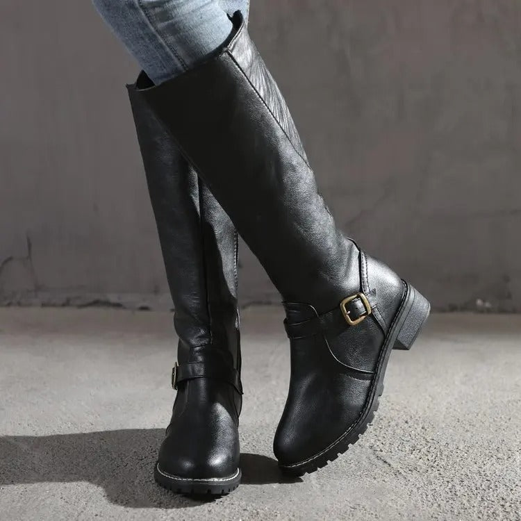 Isabella | Chic Black Knee High Boots with Buckle Strap - Lumina 2