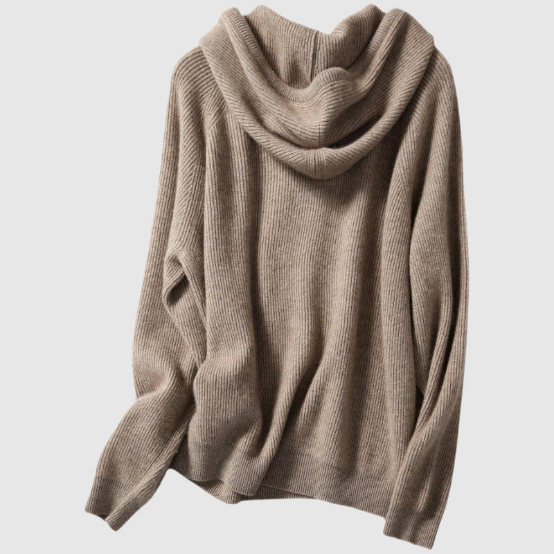 Lumina Wear Isabella cozy hooded thick knit sweater with loose fit, featuring a soft texture and relaxed style.
