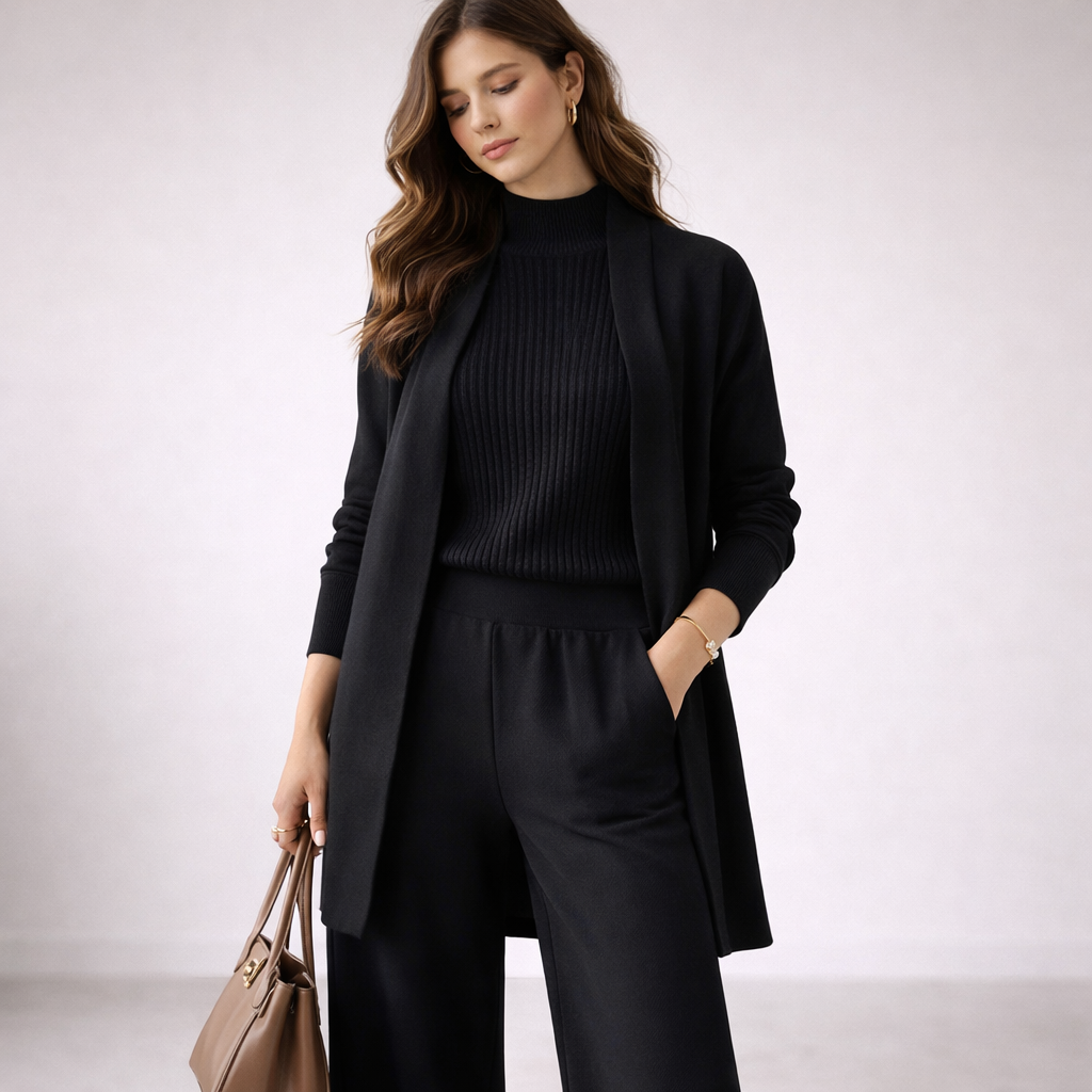 Lumina Wear Isabella cozy ribbed knit loungewear set with relaxed fit, featuring a soft, comfortable design for casual wear.