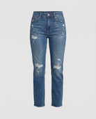 Distressed mid-rise straight-leg jeans with frayed hem from Lumina Wear's Isabella collection, shown on a model.