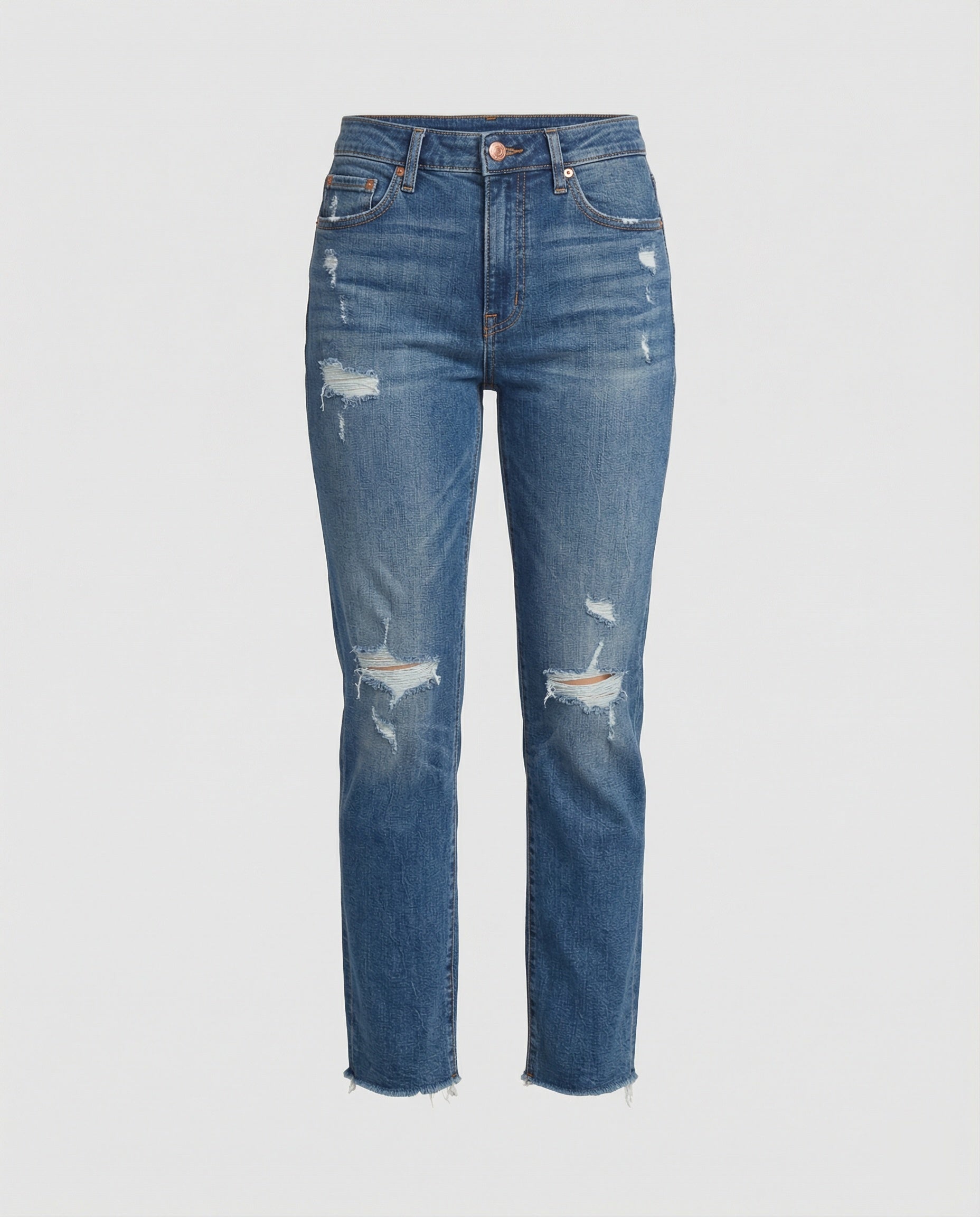 Distressed mid-rise straight-leg jeans with frayed hem from Lumina Wear's Isabella collection, shown on a model.