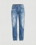 Distressed mid-rise straight leg jeans with frayed hem from Lumina Wear's Isabella collection displayed on a model.