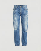 Distressed mid-rise straight leg jeans with frayed hem from Lumina Wear's Isabella collection displayed on a model.