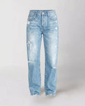 Distressed mid-rise straight leg jeans with frayed hem from Lumina Wear's Isabella collection, shown in a close-up view.