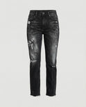 Distressed mid-rise straight-leg Lumina Wear jeans with frayed hem, featuring a casual, relaxed fit and worn-in denim style.