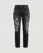 Distressed mid-rise straight-leg Lumina Wear jeans with frayed hem, featuring a casual, relaxed fit and worn-in denim style.