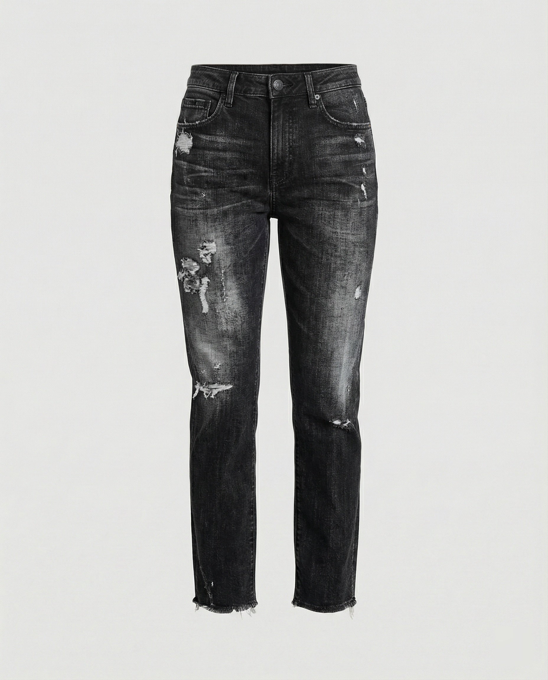 Distressed mid-rise straight-leg Lumina Wear jeans with frayed hem, featuring a casual, relaxed fit and worn-in denim style.
