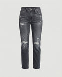 Lumina Wear Isabella distressed mid-rise straight leg jeans with frayed hem, casual denim pants shown on a model.
