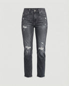 Lumina Wear Isabella distressed mid-rise straight leg jeans with frayed hem, casual denim pants shown on a model.