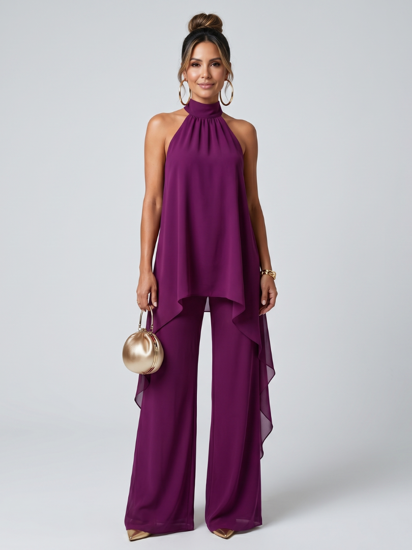 Elegant Juliette two-piece set by Lumina Wear featuring asymmetric halter top and wide-leg pants, stylish and sophisticated.