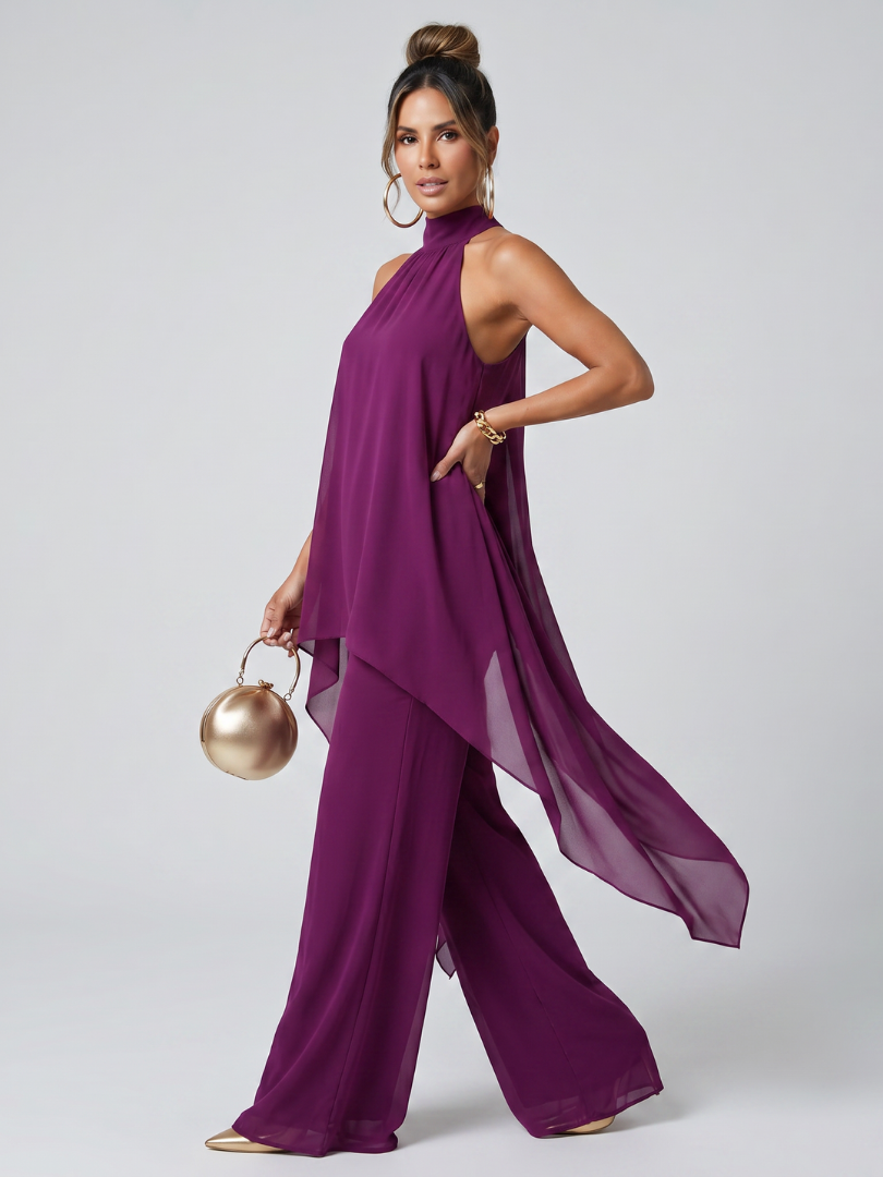 Elegant Juliette asymmetrical halter two-piece set with wide-leg pants by Lumina Wear, featuring stylish design and flowing fabric.